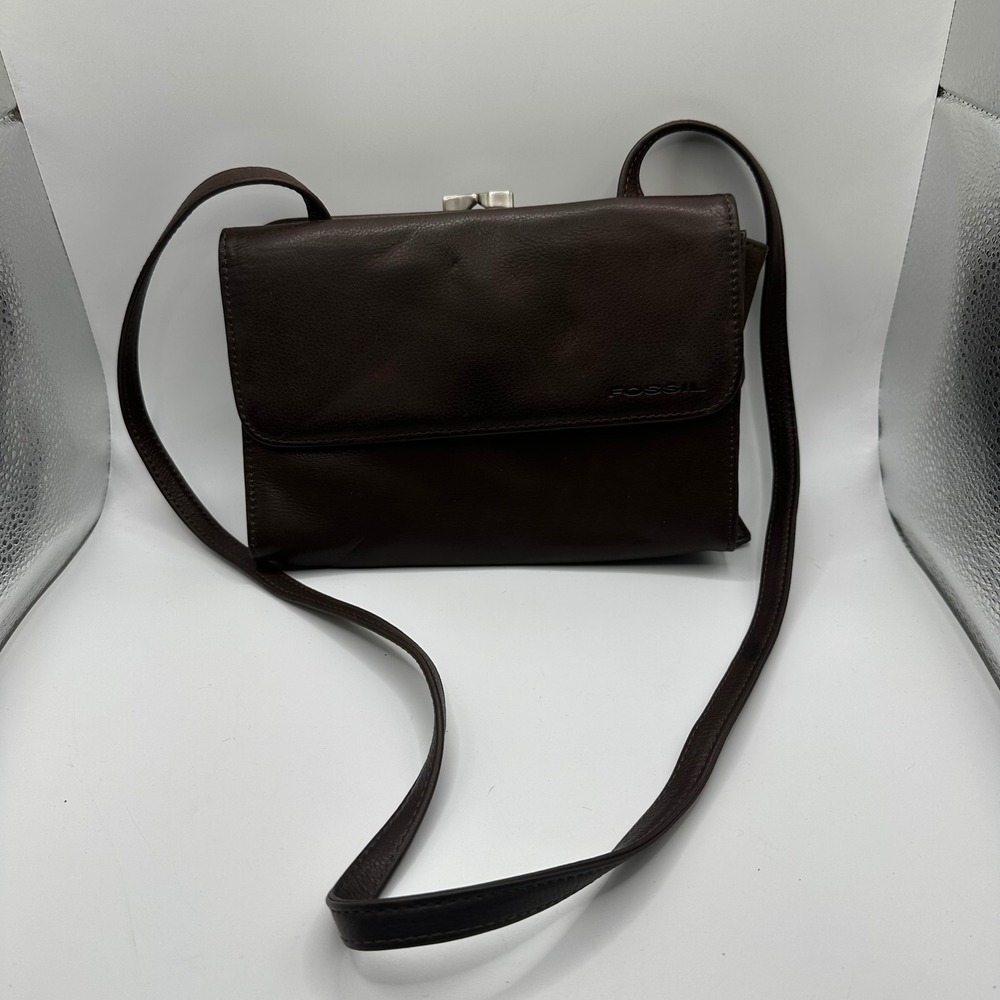 Fossil Vintage Brown Leather Crossbody Organizer Bag Kiss‎ Lock Wallet Purse